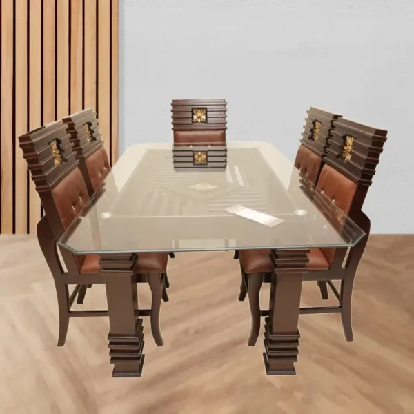 Flora Chair Dining Set – 6 Seater Wooden Dining with Glass Top
