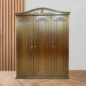 3 Door Olive Almirah – Elegant Wooden with Carved Design